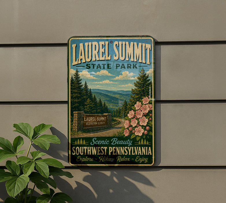 A vintage-style sign for Laurel Summit State Park, featuring a scenic mountain landscape with pine trees and pink flowers.