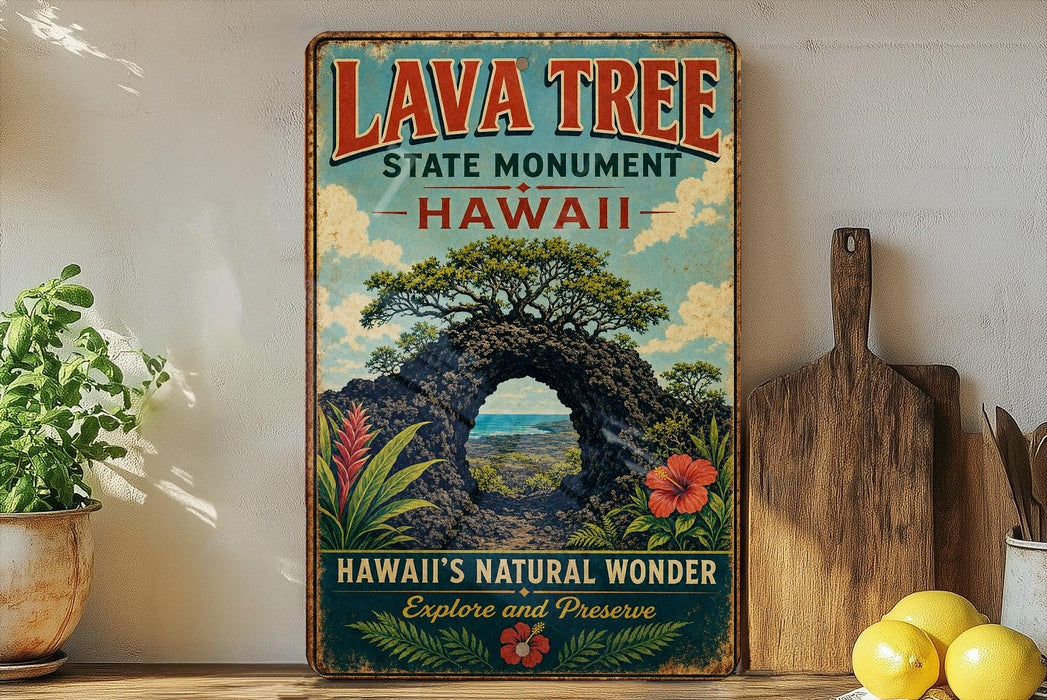A vintage-style sign for the Lava Tree State Monument in Hawaii, featuring a scenic illustration of a lava flow and lush vegetation.