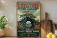 A vintage-style sign for the Lava Tree State Monument in Hawaii, featuring a scenic illustration of a lava flow and lush vegetation.