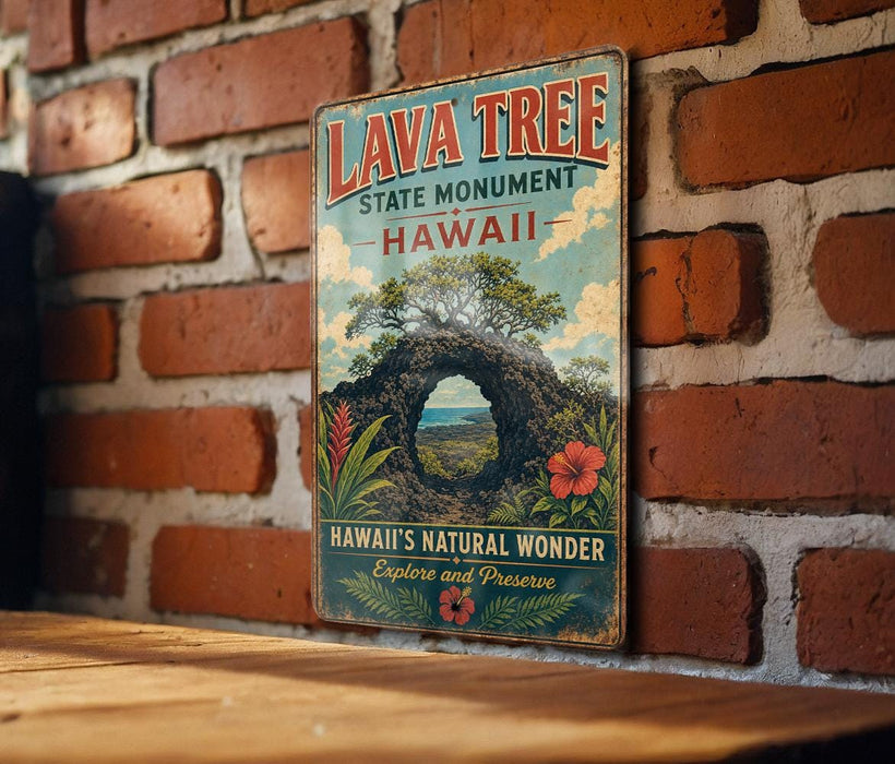 A vintage-style metal sign for the Lava Tree State Monument in Hawaii, featuring a scenic illustration of a lava flow and tropical foliage.