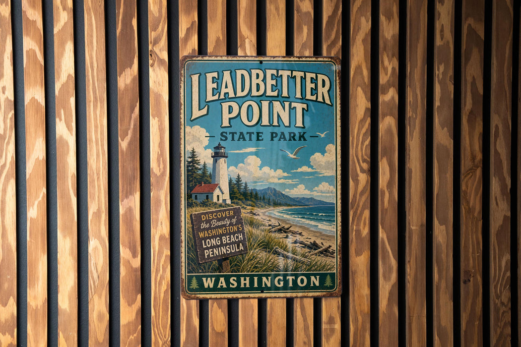 A vintage-style metal sign for Leadbetter Point State Park in Washington, featuring a lighthouse and a scenic beach landscape.