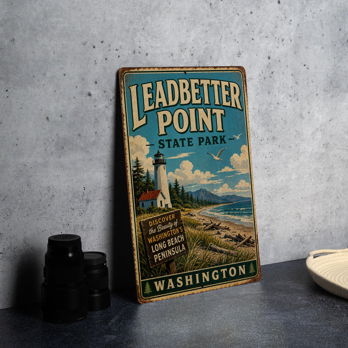 A vintage-style sign for Leadbetter Point State Park, featuring a lighthouse and a beach scene, is displayed on a gray surface next to some black camera lenses.