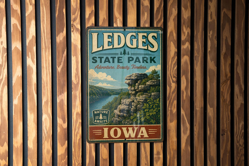 A vintage-style metal sign for LEDGES STATE PARK in Iowa, featuring a scenic image of a cliff overlooking a river.