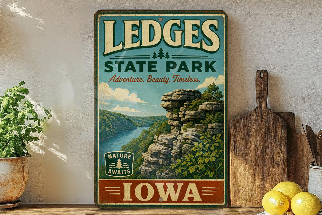 A vintage-style sign for LEdges State Park in Iowa, featuring a scenic landscape with a river and rocky cliffs.
