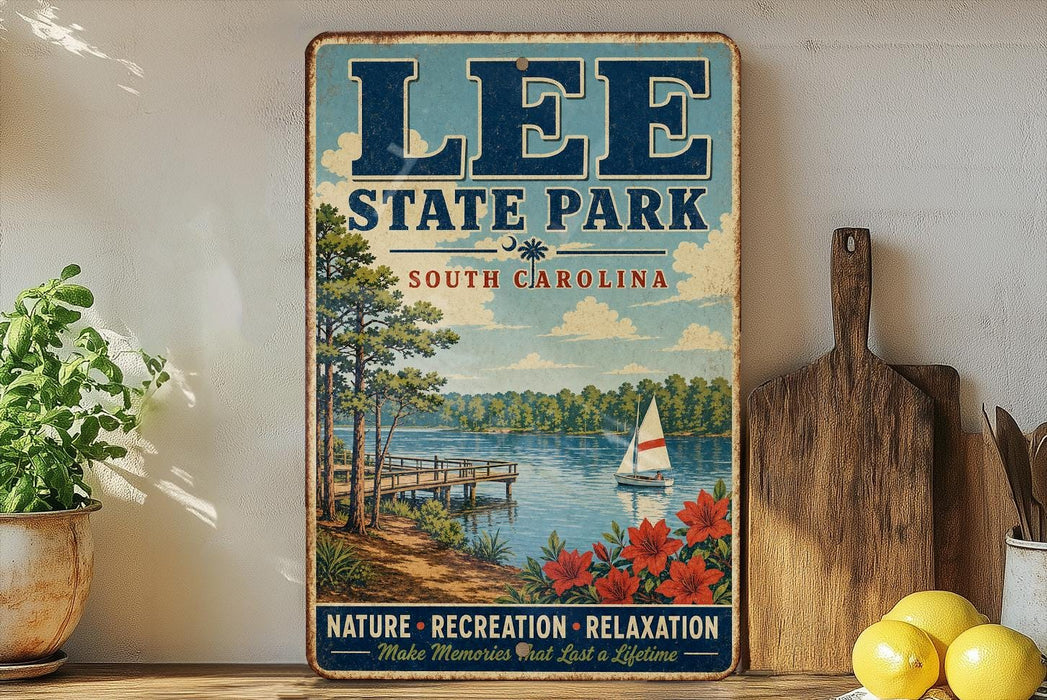 A vintage-style sign for Lee State Park in South Carolina, featuring a scenic image of a lake, pier, and sailboat, along with the text "Lee State Park" and "South Carolina".