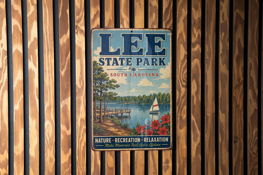 A vintage metal sign for Lee State Park in South Carolina, featuring a scenic illustration of a lake, a pier, and a sailboat.