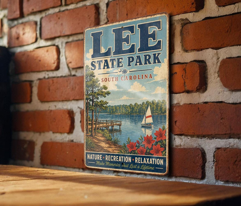 A vintage-style metal sign for Lee State Park in South Carolina, featuring a scenic illustration of a lake, pier, and sailboat.