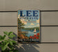 A vintage-style sign for Lee State Park in South Carolina, featuring a scenic image of a lake, dock, and sailboat.