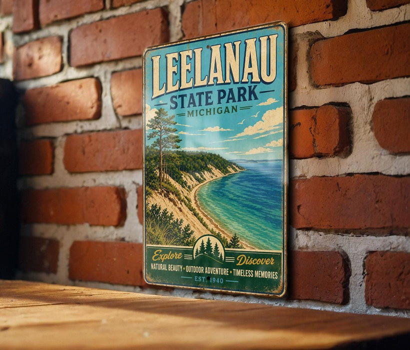 A vintage metal sign for Leelau State Park, Michigan, featuring a scenic coastal landscape with pine trees and a beach.