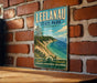 A vintage metal sign for Leelau State Park, Michigan, featuring a scenic coastal landscape with pine trees and a beach.