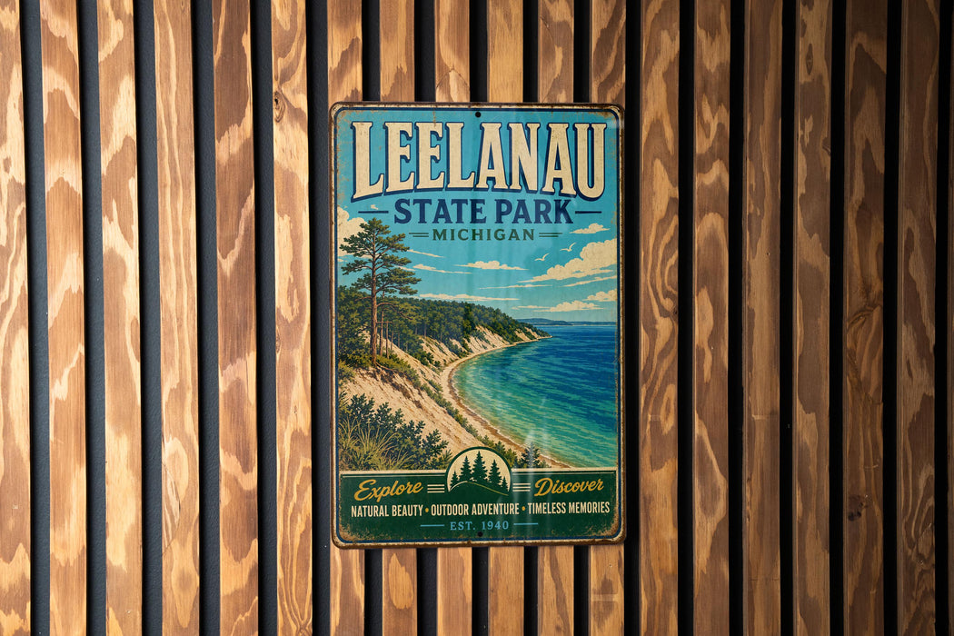 A vintage-style metal sign for Leelau State Park, Michigan, featuring a scenic landscape with a lake, mountains, and pine trees.