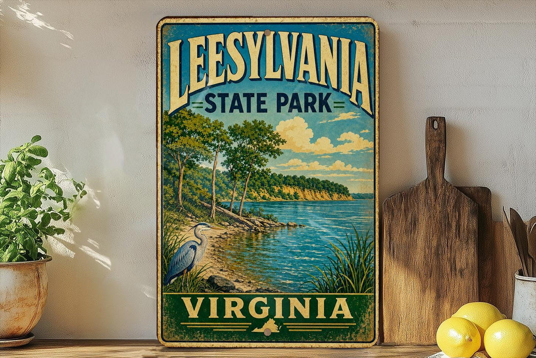 A vintage-style sign for Leesville State Park in Virginia, featuring a scenic landscape with a lake, trees, and a bird.