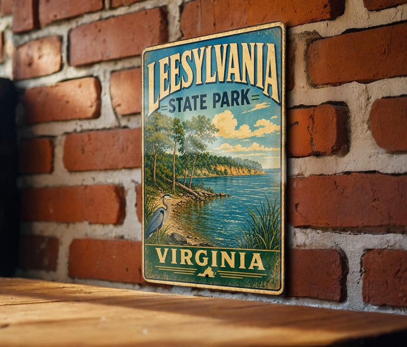 A vintage-style metal sign for Leesville State Park in Virginia, featuring a scenic landscape with a lake, trees, and a bird.
