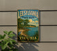 A vintage-style sign for Leesburg State Park in Virginia, featuring a scenic landscape with trees, a lake, and a bird.