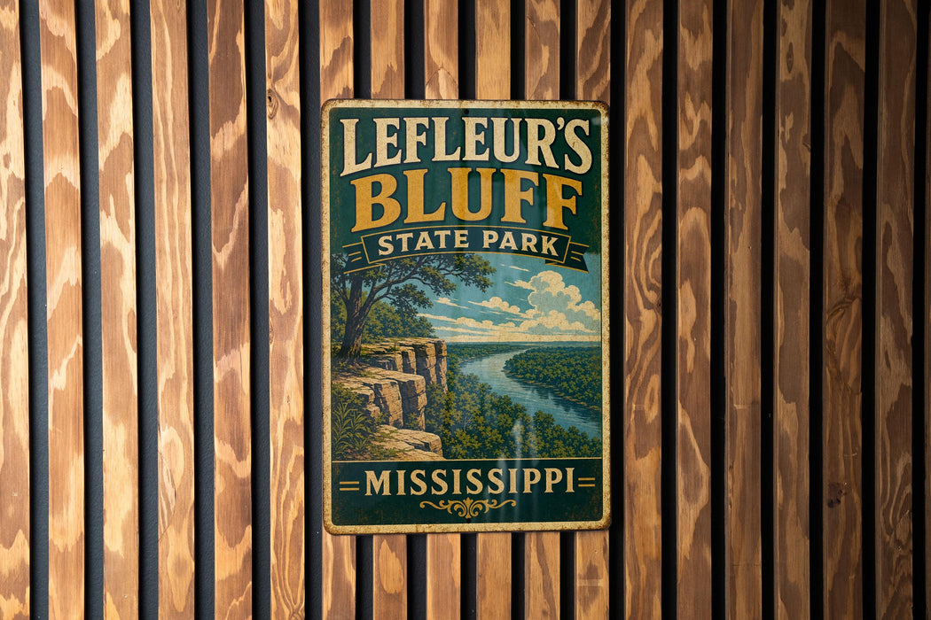 A vintage metal sign for Leffeur's Bluff State Park in Mississippi, featuring a scenic landscape with a river and cliffs.