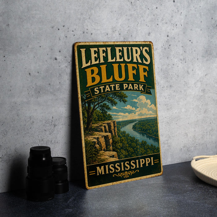 A vintage-style metal sign for Leffeur's Bluff State Park in Mississippi, featuring a scenic landscape with a river and cliffs.