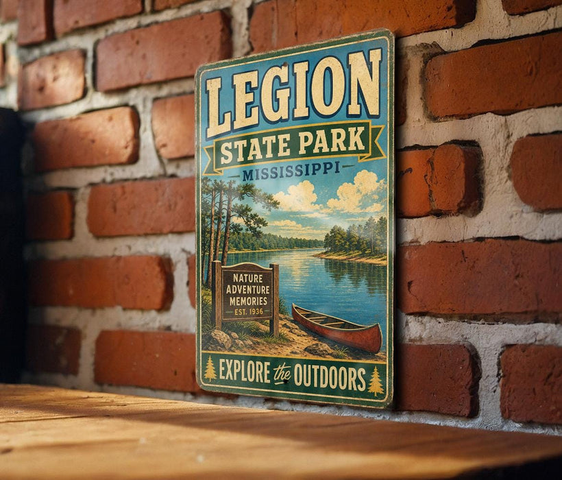 A vintage-style metal sign for Legion State Park in Mississippi, featuring a scenic illustration of a lake, trees, and a canoe.