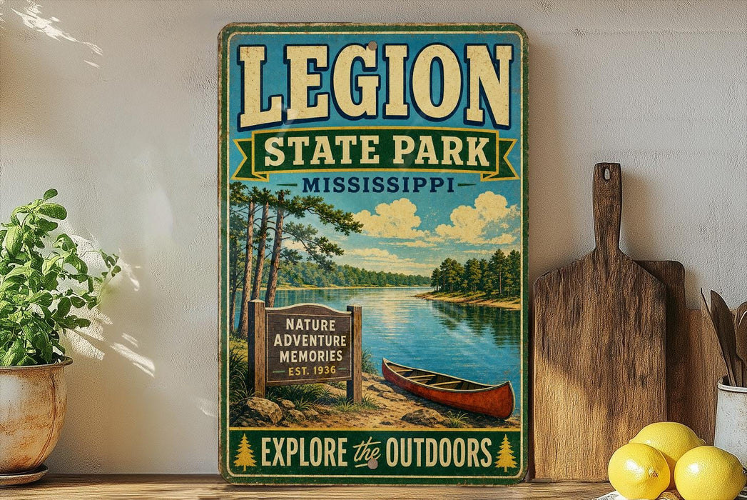 A vintage-style sign for Legion State Park in Mississippi, featuring a scenic illustration of a lake, trees, and a canoe.