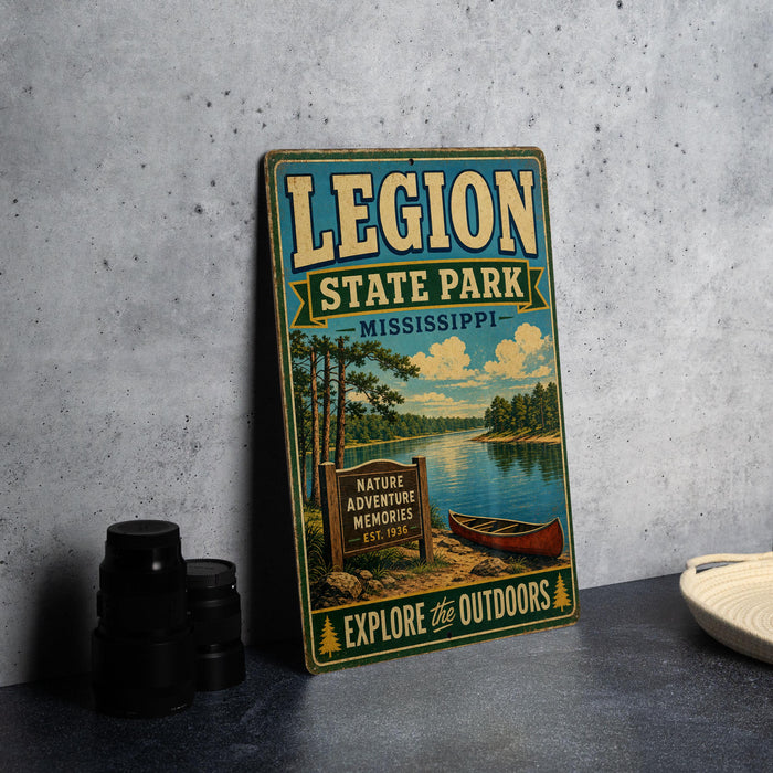 A vintage-style metal sign for Legion State Park in Mississippi, featuring a scenic landscape with a lake, trees, and a canoe.