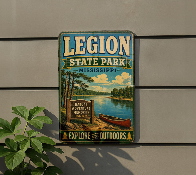 A vintage-style metal sign for Legion State Park in Mississippi, featuring a scenic illustration of a lake, trees, and a canoe.