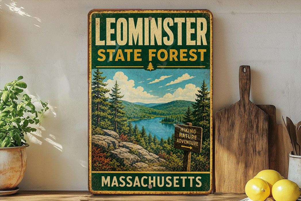 A vintage-style metal sign for Leominster State Forest in Massachusetts, featuring a scenic landscape with pine trees, a lake, and mountains.
