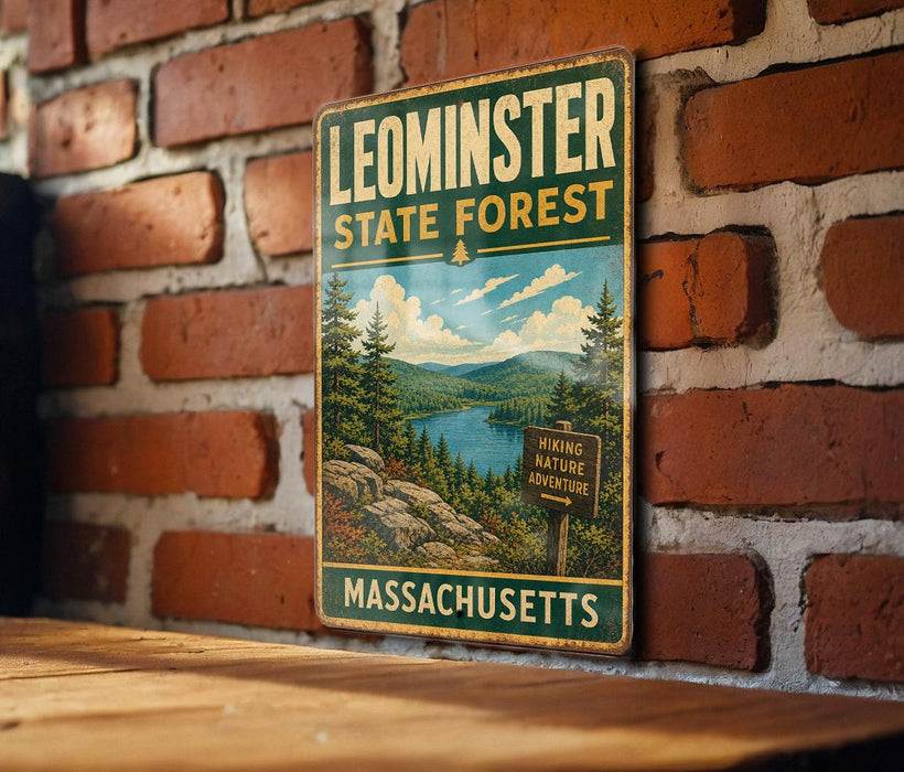 A vintage metal sign for Leominster State Forest in Massachusetts, featuring a scenic landscape with pine trees, a lake, and mountains.