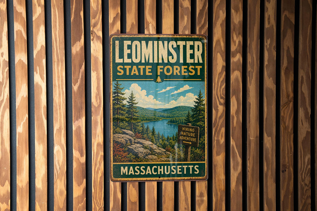 A vintage metal sign for Leominster State Forest in Massachusetts, featuring a scenic landscape with pine trees, a lake, and mountains.