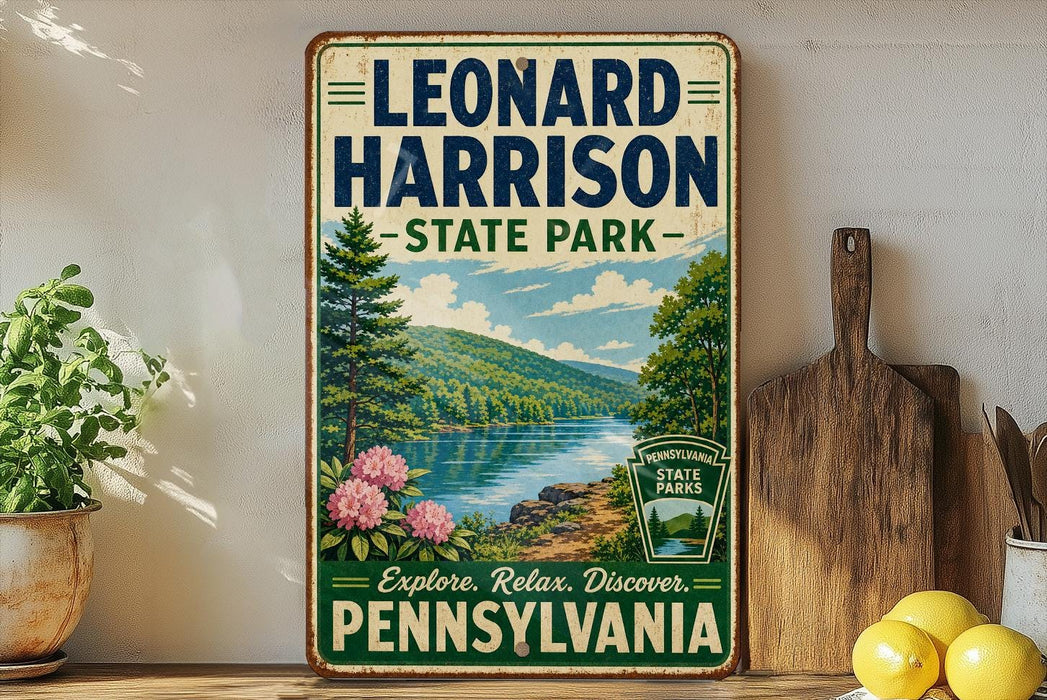 A vintage-style sign for Leonard Harrison State Park in Pennsylvania, featuring a scenic landscape with a lake, mountains, and trees.