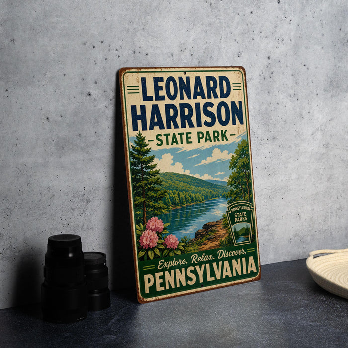 A vintage-style metal sign for Leonard Harrison State Park, featuring a scenic landscape with a lake, mountains, and trees.