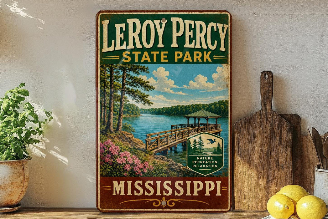 A vintage-style metal sign for LeRoy Percy State Park in Mississippi, featuring a scenic image of a wooden dock and a lake surrounded by trees.