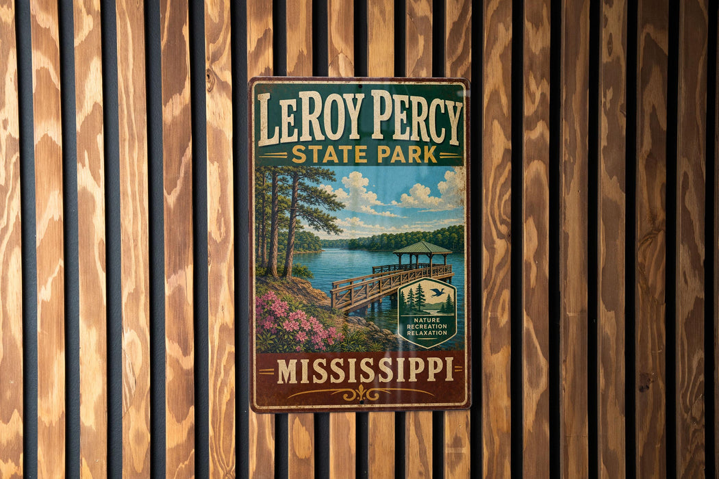 A vintage-style metal sign for LeRoy Percy State Park in Mississippi, featuring a scenic landscape with a wooden bridge, trees, and a lake.