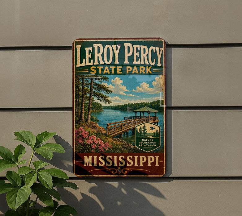 A vintage metal sign for LeRoy Percy State Park in Mississippi, featuring a scenic landscape with a wooden dock, trees, and a lake.