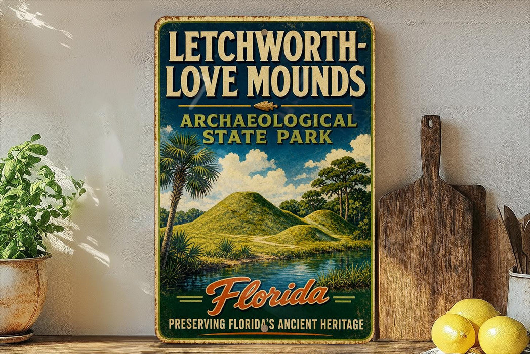 A vintage-style sign for Letchworth-Love Mounds, an archaeological state park in Florida, featuring a scenic landscape with palm trees and hills.
