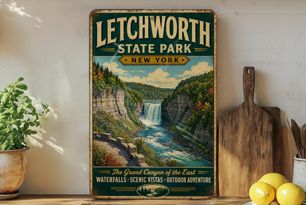 A vintage-style sign for Litchworth State Park in New York, featuring a scenic image of a waterfall surrounded by lush greenery.