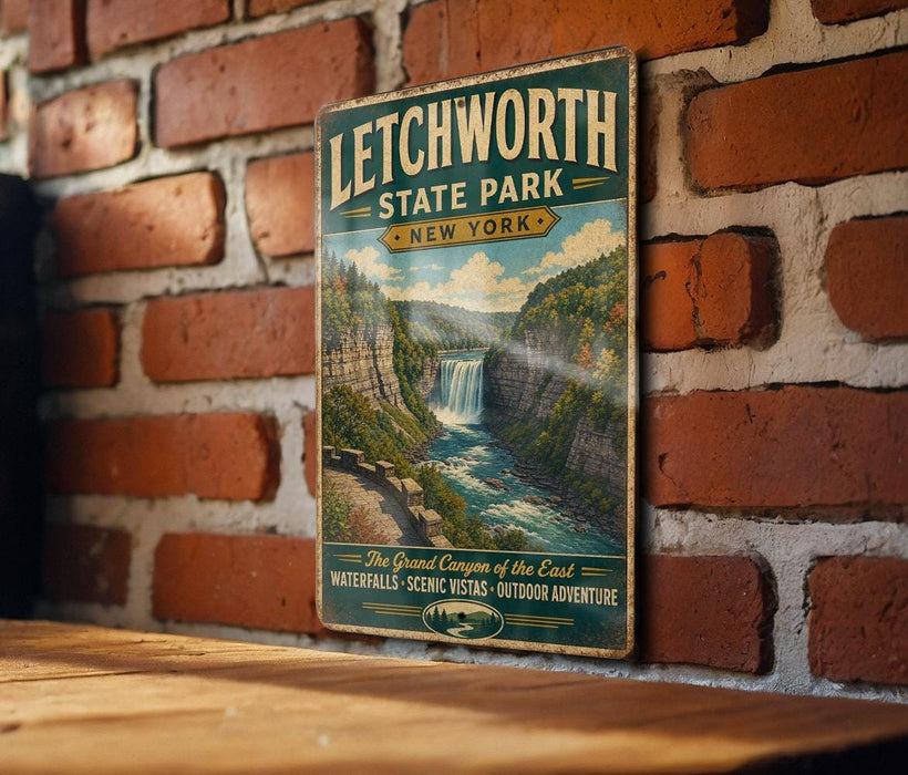 A vintage-style metal sign for Litchworth State Park in New York, featuring a scenic image of a waterfall and a mountain landscape.