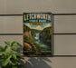 A vintage-style sign for Litchworth State Park in New York, featuring a scenic waterfall and forest landscape.