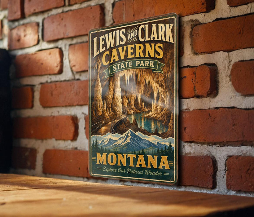 A vintage-style metal sign for Lewis and Clark Caves in Montana, featuring a scenic illustration of the cave system and mountains.