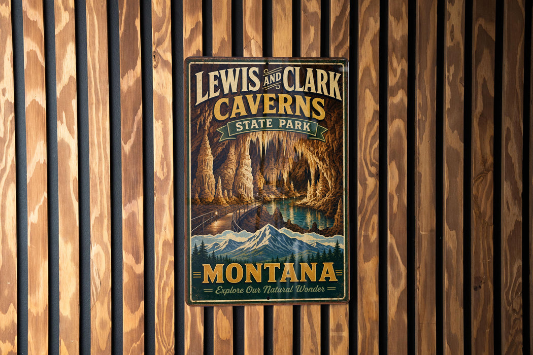 A vintage-style metal sign for Lewis and Clark Caves in Montana, featuring a scenic illustration of the cave system and mountains.