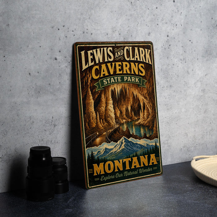 A vintage metal sign for Lewis and Clark Caves in Montana, featuring an illustration of the cave system and mountains.