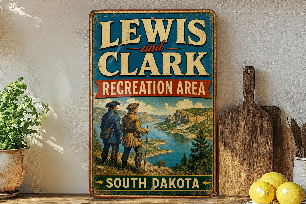 A vintage-style metal sign for the Lewis and Clark Recreation Area in South Dakota, featuring a scenic illustration of two men standing on a hill overlooking a river.
