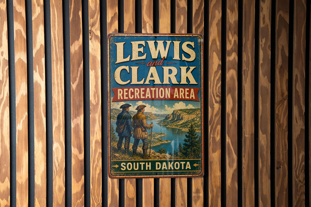 A vintage metal sign for the Lewis and Clark Recreation Area in South Dakota.