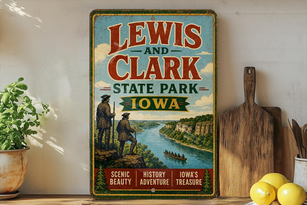 A vintage-style sign for Lewis and Clark State Park in Iowa, featuring illustrations of two men on a cliff overlooking a river and a boat.