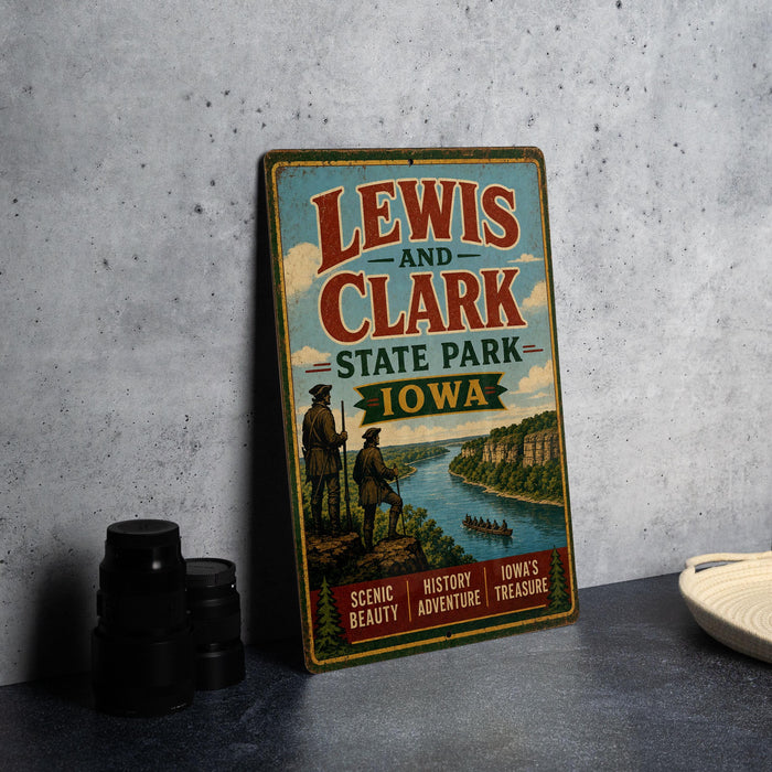 A vintage-style metal sign for Lewis and Clark State Park in Iowa, featuring illustrations of two men on a cliff overlooking a river and a scenic landscape.