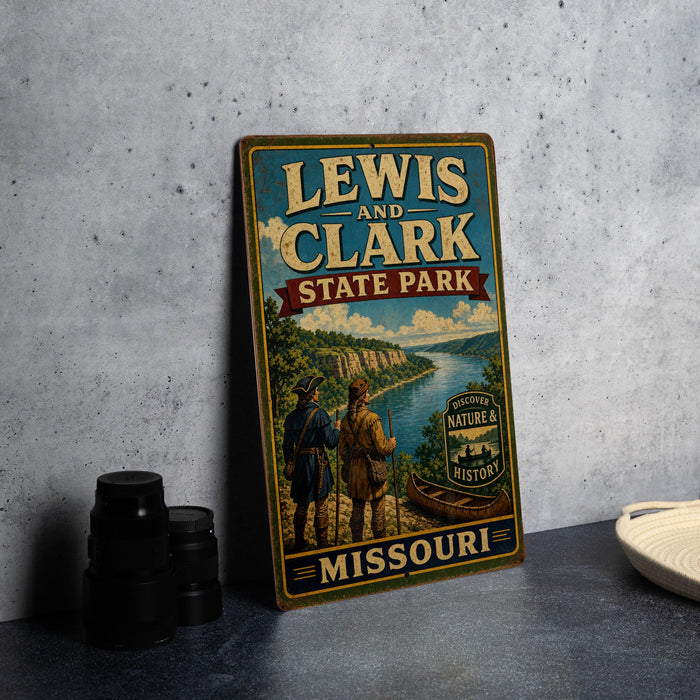 A vintage-style metal sign for Lewis and Clark State Park in Missouri, featuring a scenic illustration of the park and two figures in historical attire.