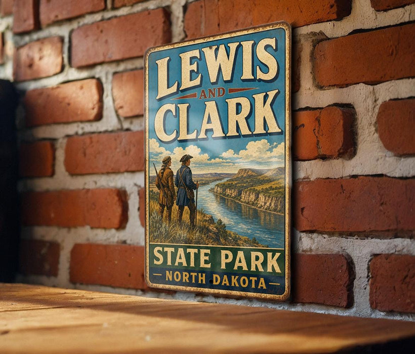 A vintage-style metal sign for Lewis and Clark State Park in North Dakota, featuring a scenic illustration of the park's landscape.