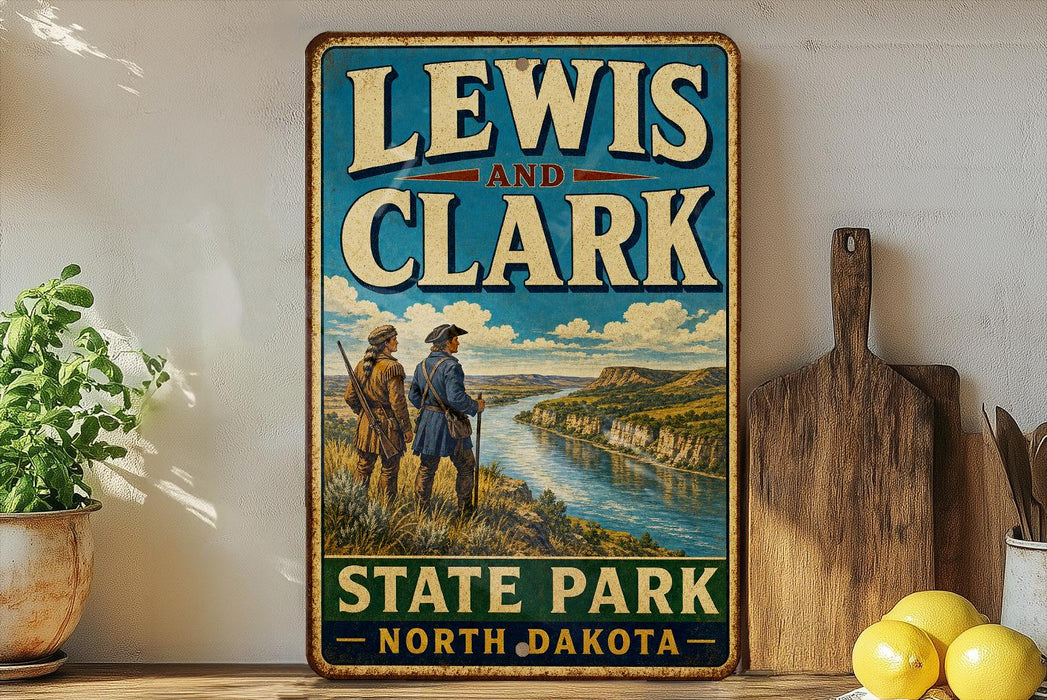 A vintage-style sign for Lewis and Clark State Park in North Dakota, featuring a scenic illustration of two hikers on a trail overlooking a river.