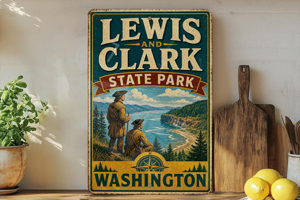 A vintage-style sign for Lewis and Clark State Park in Washington, featuring a scenic illustration of the park's landscape.