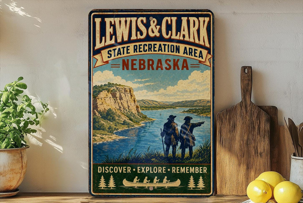 A vintage-style sign for the Lewis & Clark State Recreation Area in Nebraska, featuring a scenic landscape with two people standing on a riverbank.