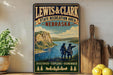 A vintage-style sign for the Lewis & Clark State Recreation Area in Nebraska, featuring a scenic landscape with two people standing on a riverbank.