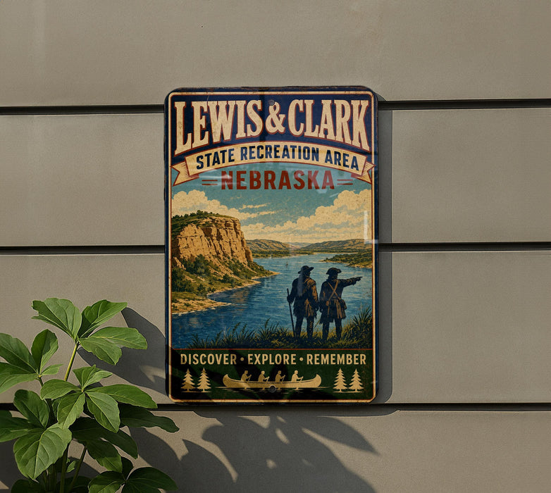 A vintage-style metal sign for the Lewis and Clark State Recreation Area in Nebraska, featuring a scenic landscape with two figures exploring the area.